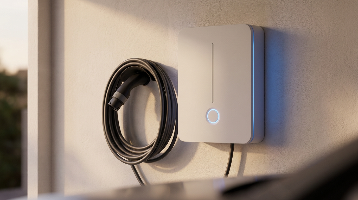 Matte-white NOOR wall-mounted EV charger with a glowing electric-blue status ring and coiled Type 2 cable, mounted on a plaster wall at dusk.